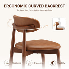 Dining Side Chairs, Set of 4, Brown Faux Leather with Solid Wood Legs