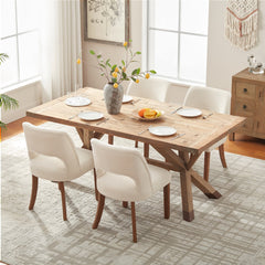 Dining Side Chairs, Set of 4, Chenille White with Brown Wood Legs