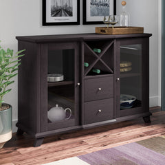 Dining Storage Cabinet with Wine Rack and Glass Doors in Dark Brown