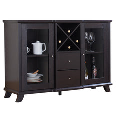 Dining Storage Cabinet with Wine Rack and Glass Doors in Dark Brown
