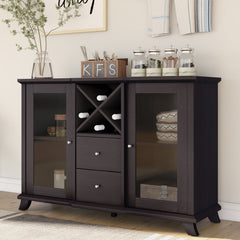 Dining Storage Cabinet with Wine Rack and Glass Doors in Dark Brown