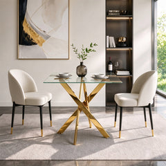 Dining Table, 35 in Square, Clear Glass with Gold Base
