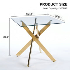Dining Table, 35 in Square, Clear Glass with Gold Base
