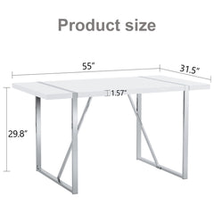 Dining Table, 55-Inch Rectangular, White Top with Silver Base