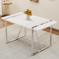 Dining Table, 55-Inch Rectangular, White Top with Silver Base