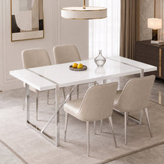 Dining Table, 55-Inch Rectangular, White Top with Silver Base