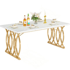 Dining Table, 63 Inch Rectangular, White Faux Marble Top, Gold Steel Base