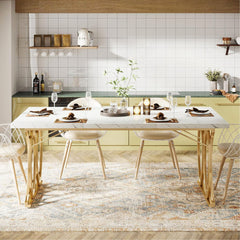 Dining Table, 63 Inch Rectangular, White Faux Marble Top, Gold Steel Base