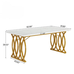 Dining Table, 63 Inch Rectangular, White Faux Marble Top, Gold Steel Base