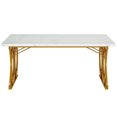 Dining Table, 63 Inch Rectangular, White Faux Marble Top, Gold Steel Base