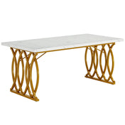 Dining Table, 63 Inch Rectangular, White Faux Marble Top, Gold Steel Base