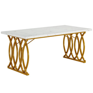 Dining Table, 63 Inch Rectangular, White Faux Marble Top, Gold Steel Base