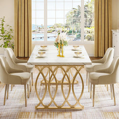 Dining Table, 63 Inch Rectangular, White Faux Marble Top, Gold Steel Base