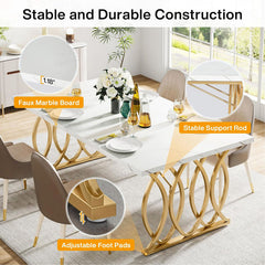 Dining Table, 63 Inch Rectangular, White Faux Marble Top, Gold Steel Base
