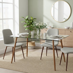 Dining Table, Rectangular Clear Tempered Glass Top, Wood Grain Base, Seats 4