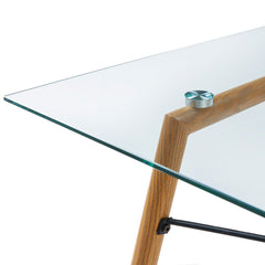 Dining Table, Rectangular Clear Tempered Glass Top, Wood Grain Base, Seats 4