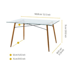 Dining Table, Rectangular Clear Tempered Glass Top, Wood Grain Base, Seats 4