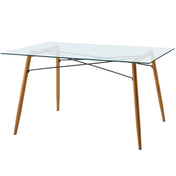 Dining Table, Rectangular Clear Tempered Glass Top, Wood Grain Base, Seats 4