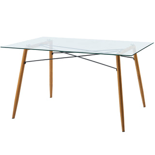 Dining Table, Rectangular Clear Tempered Glass Top, Wood Grain Base, Seats 4
