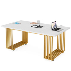 Dining Table, Rectangular Manufactured Wood Top, Iron Double Pedestal Base