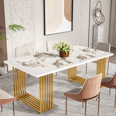 Dining Table, Rectangular Manufactured Wood Top, Iron Double Pedestal Base