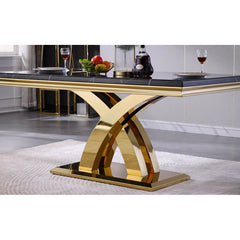 Dining Table, Seats 6, Black Wood Top, Gold Stainless Steel Cross Legs