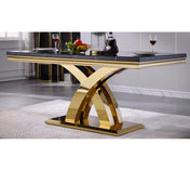 Dining Table, Seats 6, Black Wood Top, Gold Stainless Steel Cross Legs