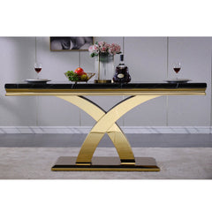 Dining Table, Seats 6, Black Wood Top, Gold Stainless Steel Cross Legs