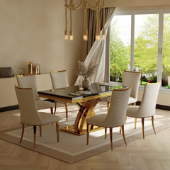 Dining Table, Seats 6, Black Wood Top, Gold Stainless Steel Cross Legs