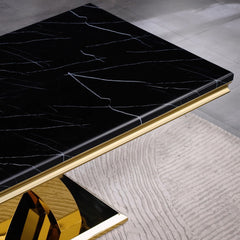 Dining Table, Seats 6, Black Wood Top, Gold Stainless Steel Cross Legs