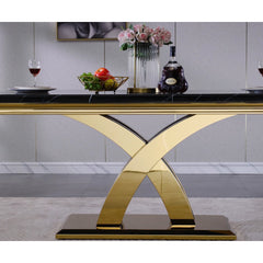 Dining Table, Seats 6, Black Wood Top, Gold Stainless Steel Cross Legs