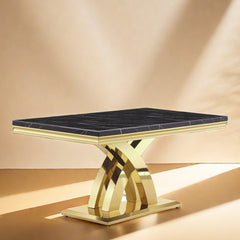 Dining Table, Seats 6, Black Wood Top, Gold Stainless Steel Cross Legs