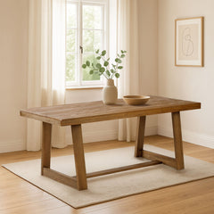 Dining Table, Solid Pine with Trestle Base, Pecan Wirebrush