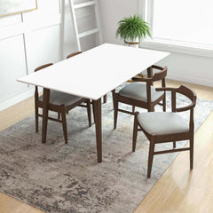 Dining Table, Solid Rubberwood, 63 Inch, White Top, Brown Base