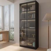 Display Cabinet, 5 Shelves, Black Manufactured Wood and Glass