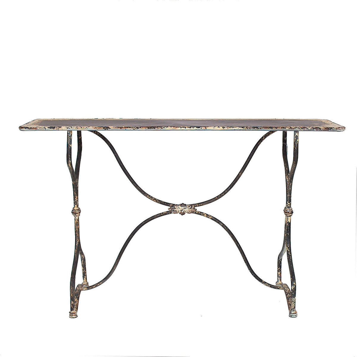 Distressed Rectangular Iron Table with Metal Trestle Base