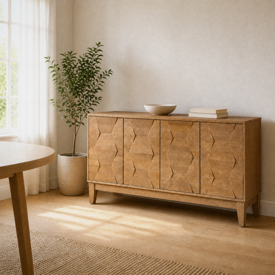 Second room | same sideboard in a warm white dining room with a leafy potted plant, morning window light on the faceted doors