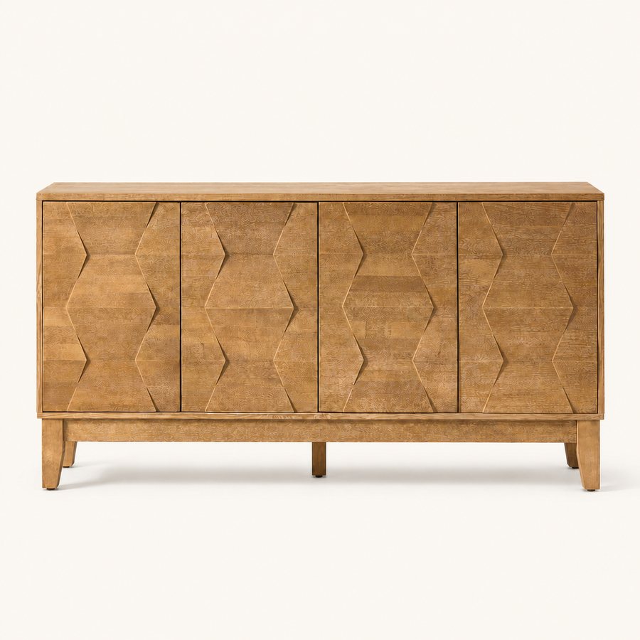 Front | seadrift 4-door sideboard centered on paper, four faceted doors and tapered wood legs