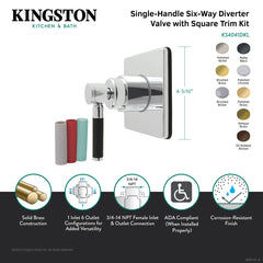 Diverter Valve, Kaiser, Single-Handle Six-Way with Square Trim Kit in Polished Chrome