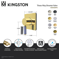Diverter Valve, Verona, Three-Way with Square Trim Kit in Antique Brass