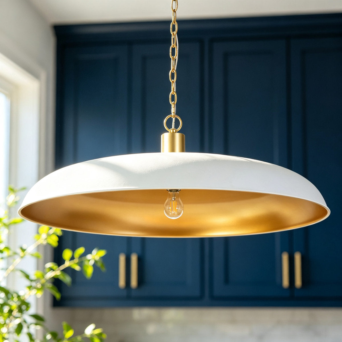 Dome Pendant Light, 33.5 in Wide, White Metal Shade with Light Gold Interior
