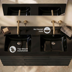 Double Basin Vanity Sink Top, 48 Inch, Top-Mount in Glossy Black