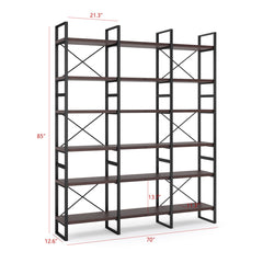 Double Bookcase with 6 Open Shelf Tiers in Dark Walnut and Black Metal