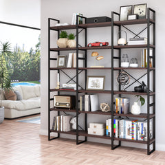 Double Bookcase with 6 Open Shelf Tiers in Dark Walnut and Black Metal
