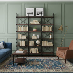 Double Bookcase with 6 Open Shelf Tiers in Dark Walnut and Black Metal