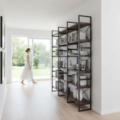 Double Bookcase with 6 Open Shelf Tiers in Dark Walnut and Black Metal