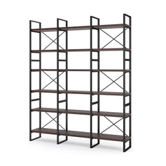 Double Bookcase with 6 Open Shelf Tiers in Dark Walnut and Black Metal