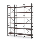 Double Bookcase with 6 Open Shelf Tiers in Dark Walnut and Black Metal
