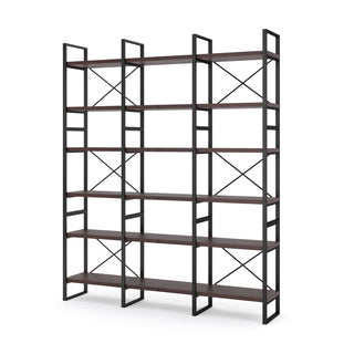 Double Bookcase with 6 Open Shelf Tiers in Dark Walnut and Black Metal