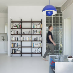 Double Bookcase with 6 Open Shelf Tiers in Dark Walnut and Black Metal
